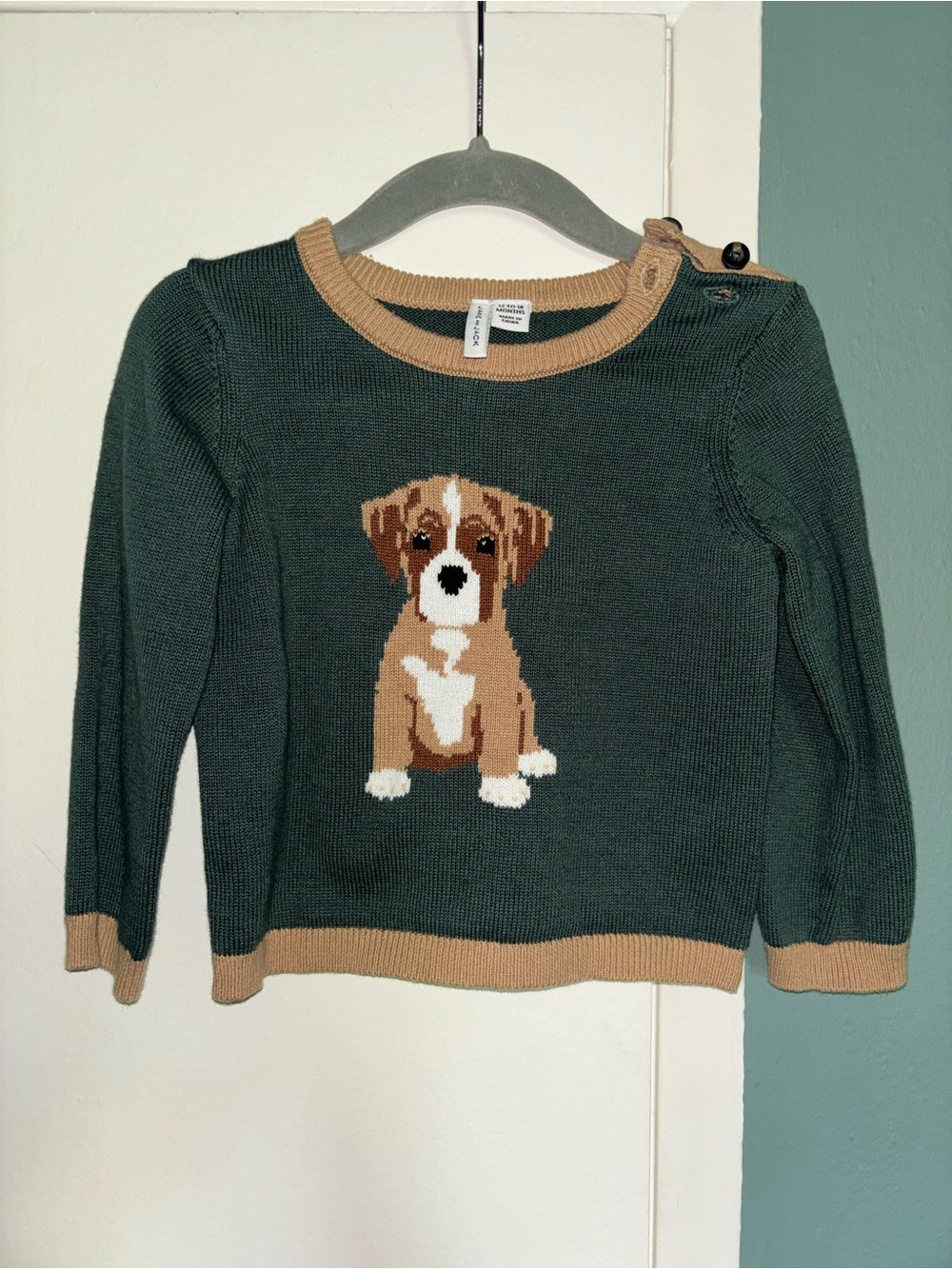 Janie and Jack Dark Green & Tan Boxer Puppy Sweater